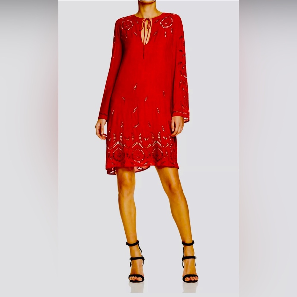 Alice & Olivia * Mini Dress * Red Eyelet Embroidered * Self-tie Keyhole Neckline